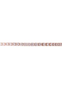 Bracciale in oro rosa caratterizzato da una serie di cristalli rotondi e trasparenti disposti in un design lineare, con una finitura liscia e lucida.