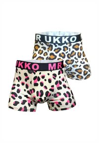 Zwei Paare Boxer-Shorts, eines im weißen Leopardenmuster mit braunen und schwarzen Flecken, das andere auf beigem Hintergrund mit rosa und schwarzen Flecken.