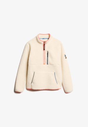 Pull en polaire, couleur crème, col zippé jusqu'à mi-hauteur avec une accent rose, poche avant, bord gris aux bords de la poche et logo de la marque sur la manche.