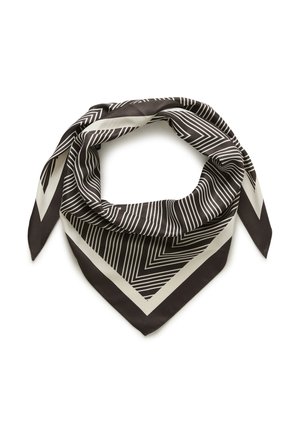 Black and white silk scarf folded in a triangle with geometric striped pattern and pointed ends on a white background.