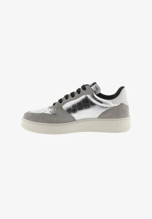 Gray suede sneaker with metallic silver synthetic accents, black laces, and white rubber sole. Features textured upper and classic design.