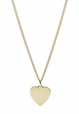 Collier en chaîne dorée avec un pendentif poli en forme de cœur suspendu au centre sur un fond blanc.