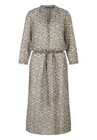 Długa sukienka w kwiatowy wzór z lekkiego materiału, z dekoltem w kształcie litery V, długimi rękawami i wiązanym wcięciem w talii dla podkreślonej sylwetki.