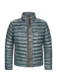 Gepolsterte Jacke mit hohem Kragen, gedämpfter Teal-Farbe, horizontal gestepptem Design, Frontreißverschluss und zwei Seitentaschen. Strukturiertes Finish.