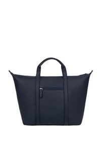 Borsa tote in pelle blu scuro con manici doppi, chiusura a zip e tasca frontale. Texture liscia con dettagli di cucitura minimi.