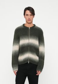 Jovem usando um suéter zíper verde e branco listrado e calças pretas, em pé contra um fundo branco liso.