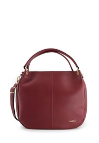 Sac à main en cuir bordeaux avec une finition texturée, il dispose de doubles poignées, d'une bandoulière amovible et de quincaillerie en ton doré. Logo VENEZIA sur le côté.