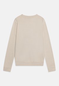 Felpa beige a maniche lunghe con colletto rotondo, con polsini e orlo a costine, mostrata sul retro su uno sfondo bianco.