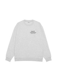 Felpa grigia realizzata in morbido tessuto, con collo tondo, maniche lunghe e un design testuale stampato sulla parte sinistra del petto.