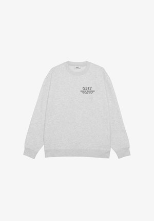 Felpa grigia realizzata in morbido tessuto, con collo tondo, maniche lunghe e un design testuale stampato sulla parte sinistra del petto.
