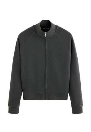 Mørkegrå langærmet sweatshirt med lynlås, ribstrikket krave, manchetter og kant, vist forfra mod en hvid baggrund.