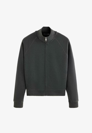 Mørkegrå langærmet sweatshirt med lynlås, ribstrikket krave, manchetter og kant, vist forfra mod en hvid baggrund.