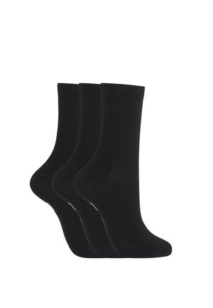 Three pairs of plain black crew socks arranged side by side on a white background.