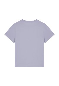 Kurzes-längenshirt in Lavendel mit Rundhalsausschnitt, weichem Baumwollmaterial und einem schlichten, ungeschmückten Design ohne Grafiken oder Muster.