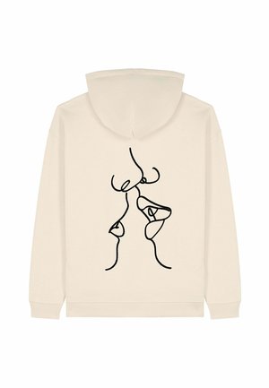 Un sweat à capuche beige avec un art linéaire noir représentant deux visages s'embrassant au dos, doté d'une capuche et de poignets et d'un ourlet côtelés.