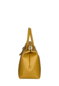 Borsa a mano gialla in pelle con due manici superiori, chiusura con zip e forma strutturata con una finitura testurizzata. Le rifiniture includono accessori in metallo dorato.