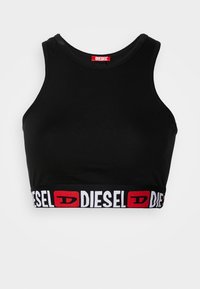 Černý zkrácený top bez rukávů s kulatým výstřihem a kontrastním bílým a červeným elastickým pásem s nápisem "DIESEL".