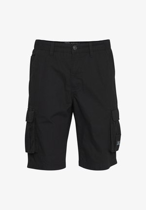Bermudas de trabajo negras hechas de tela ligera. Cuentan con dos bolsillos laterales y dos bolsillos cargo con cierres de solapa. Diseño simple y utilitario.