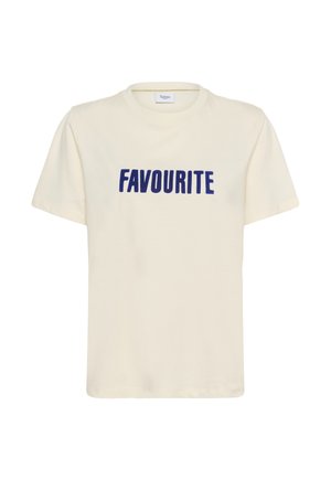 Cream-colored short-sleeve T-shirt with navy blue text "FAVOURITE" centered on the front, round neckline.