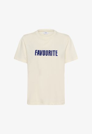 Cream-colored short-sleeve T-shirt with navy blue text "FAVOURITE" centered on the front, round neckline.