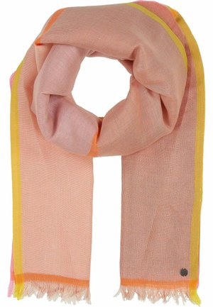 Kerge sall, millel on roosa degradee koos oranži, kollase ja roosa triibuga äärtes. Fringed otsad ja pehme tekstuur.