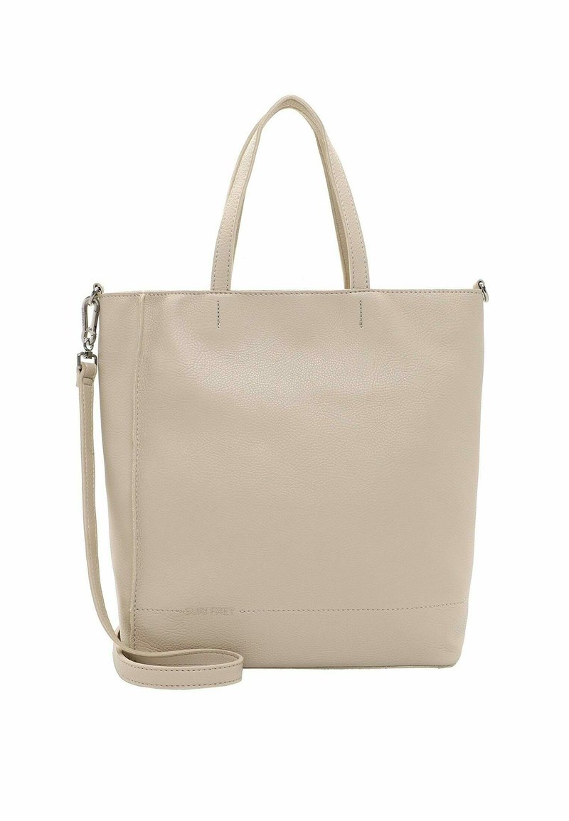 Sac cabas en cuir beige avec deux poignées supérieures et une bandoulière amovible, doté d'un design minimaliste et d’une quincaillerie argentée.