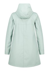 Mintgroene waterdichte jas met capuchon, met een rechte snit, lange mouwen, gestikte details en een middellange zoom.