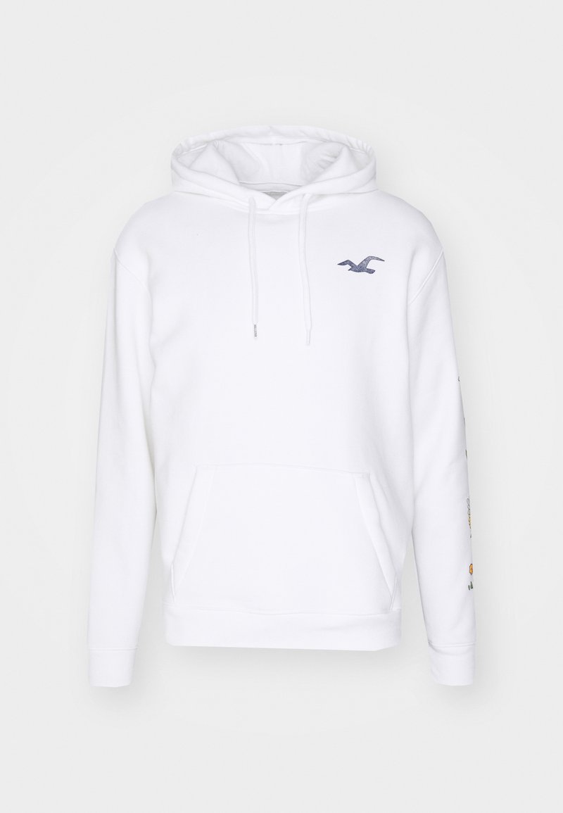 Weißer Hoodie aus Baumwollmischung mit einer Vorderentasche, verstellbaren Kordeln und blauer Logo-Stickerei auf der Brust sowie bunten Designs an den Ärmeln.