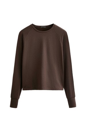 Bluza maro cu mâneci lungi, gât rotund, cu manșete rib și model simplu, cu tiv ușor scurtat.