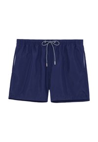 Marineblaue Badehose mit elastischem Bund und verstellbarem Kordelzug. Seitentaschen und glatte, leichte Stofftextur.