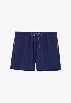 Marineblauwe zwemshorts met een elastische tailleband en verstelbaar trekkoord. Zijzakken en een gladde, lichte stoffen textuur.