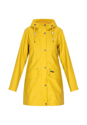 Gele waterdichte regenjas met capuchon, drukknoopsluiting aan de voorkant, trekkoorden en twee klepzakken aan de voorkant.