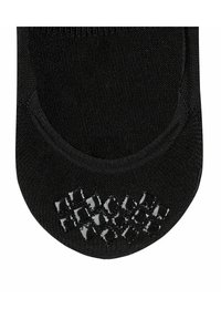 Schwarze No-Show-Socke mit einem strukturierten Grip-Muster auf der Unterseite, hergestellt aus einem weichen Stoff mit glatter Oberfläche.