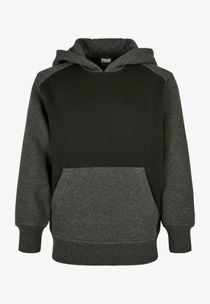 Felpa nera e grigia scura con tasca frontale, maniche raglan, polsini e fondo a coste. Tessuto morbido con una miscela di materiali.