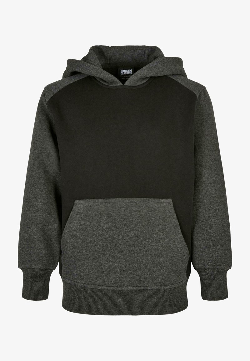 Felpa nera e grigia scura con tasca frontale, maniche raglan, polsini e fondo a coste. Tessuto morbido con una miscela di materiali.