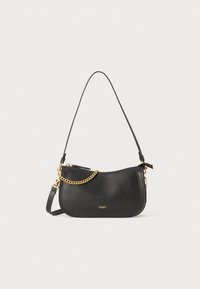 Black leather crossbody bag with a curved shape and gold-tone chain accent. Features a long, adjustable strap and zip closure.