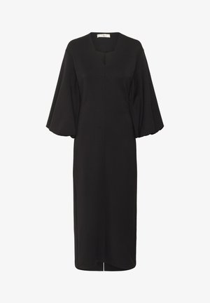 Čierne midi šaty s výstrihom do V a širokými balónovými rukávmi po tri štvrtiny, vystavené na bielom pozadí.