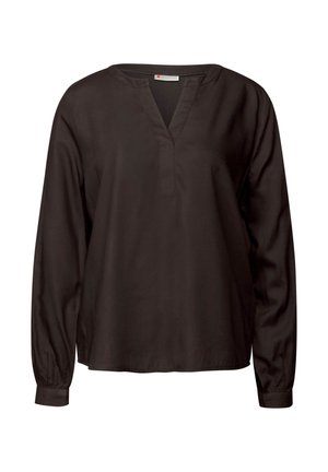 Zwarte blouse met lange mouwen en een V-hals ontwerp. Gemaakt van een gladde stof met een relaxte pasvorm en aanGathered cuffs voor extra detail.