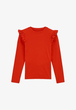 Červený dlhý rukáv s rebrovanou textúrou, s volánovými akcentami na pleciach a okrúhlym výstrihom. Žiadne potlače alebo vzory.