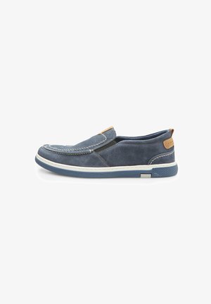 Blue suede slip-on shoe with white stitching, tan accent on heel, and textured rubber sole. Rounded toe and low-profile design.