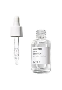 Bottiglia contagocce in vetro trasparente contenente un liquido con tappo contagocce. L'etichetta riporta la dicitura "SOLUZIONE AHA PURE PEEL, complesso glicolico." Accenti bianchi.