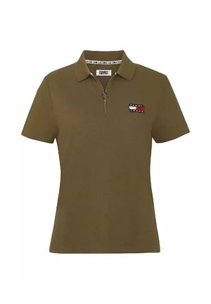 Polo verde oliva a maniche corte con zip frontale e piccolo patch con logo Tommy Jeans sul petto sinistro.
