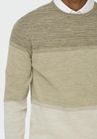 Lichte trui in beige met een gestructureerd breisel. Heeft een kleurblokontwerp met donkerdere en lichtere tinten. Ronde hals en lange mouwen.