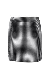 Gonna mini in checked bianco e nero con vita aderente, pieghe frontali piatte e texture liscia, che offre un classico motivo a scacchi.