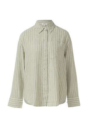 Chemise vert clair à manches longues avec des rayures verticales blanches, devant à boutons, une poche poitrine simple et un col classique.
