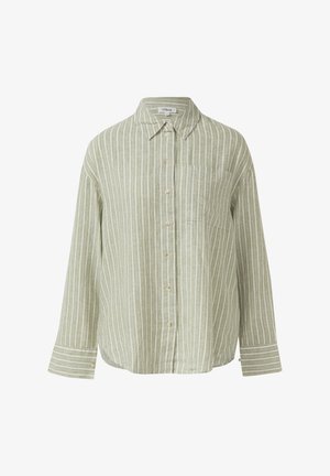 Lichtgroen langärmelig overhemd met witte verticale strepen, knoopsluiting aan de voorkant, één borstzak en een klassieke kraag.