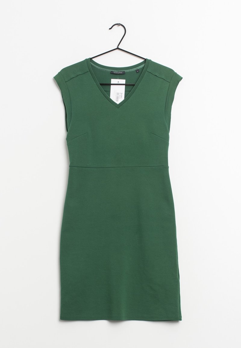 Green, knee-length dress made of smooth fabric. Features a V-neckline, cap sleeves, and side seams for a fitted silhouette. Tag included.