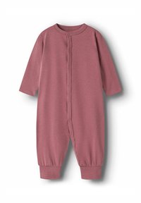 Różowy longsleeve onesie wykonany z miękkiego materiału, z zapięciem na zatrzask z przodu i elastycznymi mankietami przy kostkach. Bez wzorów ani akcentów.