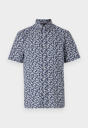 Chemise à manches courtes en coton bleu marine avec un motif de feuilles blanches, un col boutonné et des boutons sur le devant, avec un petit accent de logo.