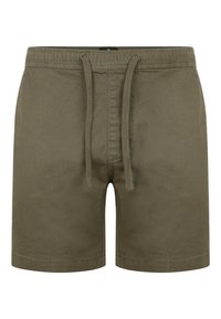 Olivgrüne Shorts aus weichem Stoff mit einem elastischen Bund und verstellbarem Kordelzug sowie einem abgesteppten Saum.